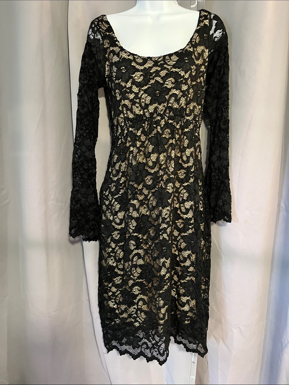 Black Lace Long-Sleeve Dress with Gold Lining